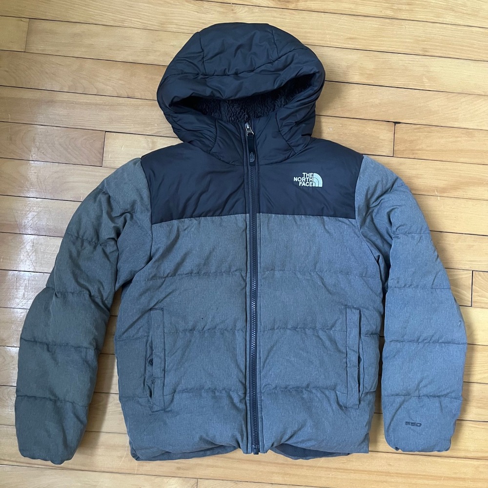 The North Face Boys Moondoggy 550 Down Jacket Grey Black Size M 10/12 Fleece
